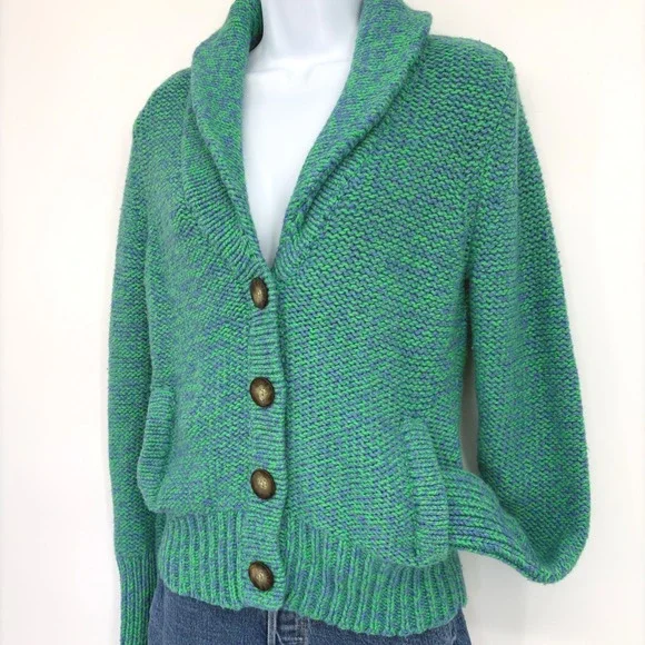 American Eagle Chunky Knit Shawl Collar Cardigan Sweater LG Green‎ Blue Pockets - Picture 3 of 11
